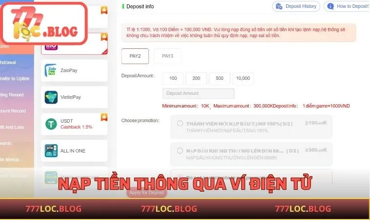 Nạp tiền thông qua ví điện tử